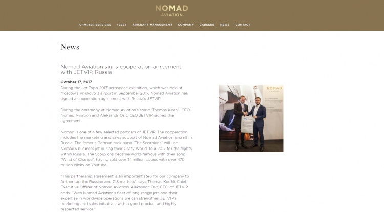 Nomad Aviation signs cooperation agreement with JETVIP, Russia